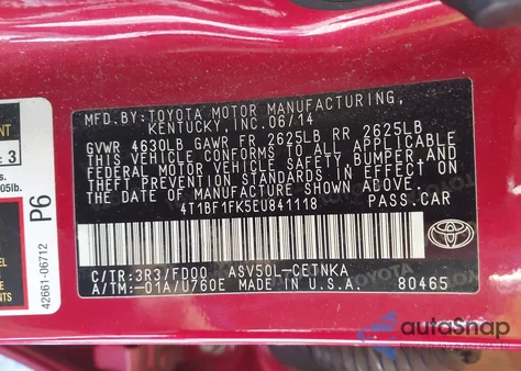 2014 Toyota Camry Le from USA, damaged, VIN 4T1BF1FK5EU841118